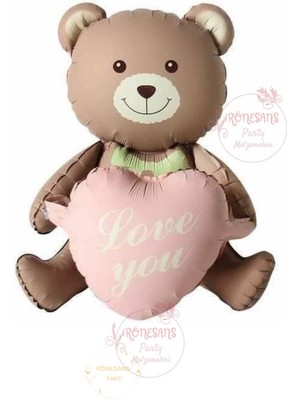 İstoç Parti Istoç Parti Love You Yazılı Retro Yeşil Kalpli Oturan Ayı Folyo Balon