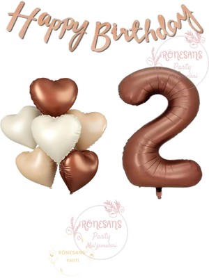 İstoç Parti Istoç Parti Happy Bıthday Yazılı Kahverengi Renk Rakam ve Kalpli Folyo Balon Seti Yaş 2