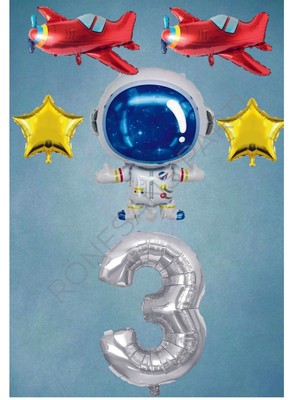 İstoç Parti Uzay Temalı Gümüş Rakamlı Folyo Balon Seti Yaş 3