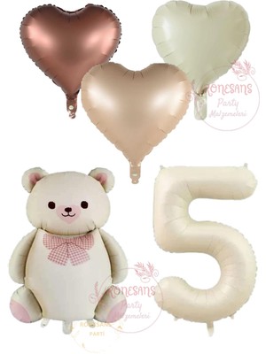İstoç Parti Istoç Parti Krem Renk Rakam Ayıcıklı ve Kalpli Folyo Balon Seti Yaş 5