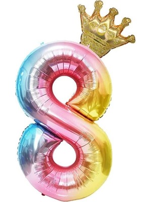 İstoç Parti 8 Yaş Gökkuşağı Rakam ve Kral Tacı Folyo Balon Doğum Günü Parti Kutlama Seti