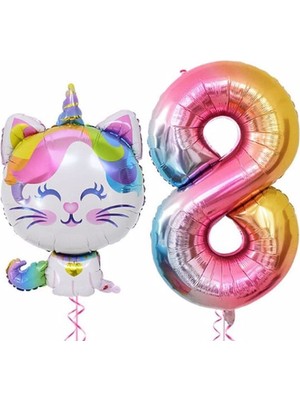 İstoç Parti Unicorn Kedi Balon Gökkuşağı Renkli Sayı Doğum Günü Set Yaş 8