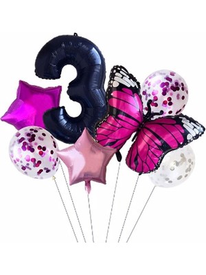 İstoç Parti Pembe Kelebek Balon Set Yıldız Balon Folyo Set Doğum Günü Set Yaş 3