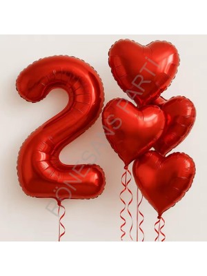 İstoç Parti Kırmızı Rakam Kalp Folyo Balon Seti Yaş-2