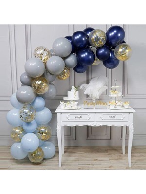 İstoç Parti Gece Mavisi Gri Makaron Mavi Şeffaf Pullu Balon Seti