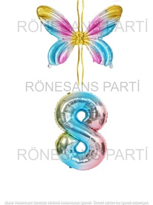 İstoç Parti Gökkuşağı Renk Melek Kanadı Folyo Balon ve Rakam Folyo Balon Seti Yaş 8