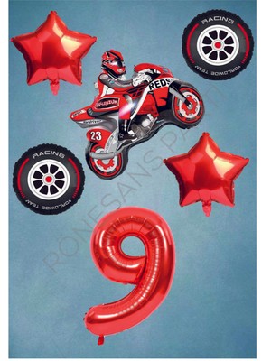 İstoç Parti Motorsiklet-Yarış Lastiği ve Kırmızı Rakam Yıldız Folyo Balon Seti Yaş-9