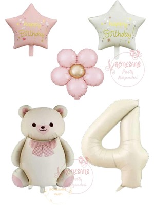 İstoç Parti Istoç Parti Krem Renk Rakam ve Ayıcıklı Yıldızlı Papatyalı Folyo Balon Seti Yaş 4