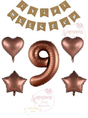 İstoç Parti Istoç Parti Iyiki Doğdun Yazılı Kahverengi Renk Rakam Kalp ve Yıldız Folyo Balon Seti Yaş 9