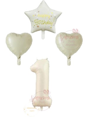 İstoç Parti Istoç Parti Krem Renk Rakam Happy Bırthday Yazılı Yıldız ve Kalpli Folyo Balon Seti Yaş 1