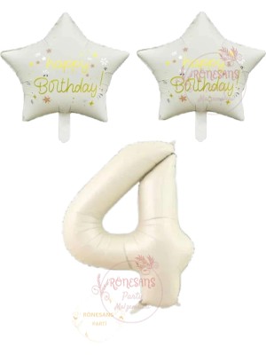 İstoç Parti Istoç Parti Bej Rakam ve Happy Bırthday Yazılı Yıldız Folyo Balon Seti Yaş 4