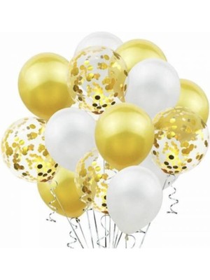 İstoç Parti Metalik Gold Pastel Beyaz Gold Konfetili Şeffaf Balon Seti 15 Adet