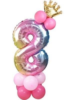 İstoç Parti 8 Yaş Gökkuşağı Renkleri Rakam Balon Altın Taçlı 8 Rakamlı Balon