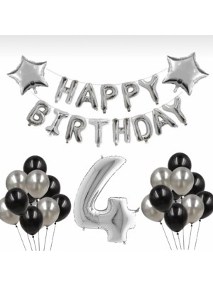 İstoç Parti Gümüş 4 Yaş Happy Bırthday Folyo Balonlu Yıldızlı Set