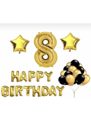 İstoç Parti Gold 8 Yaş Happy Bırthday Folyo Balonlu Yıldızlı Set
