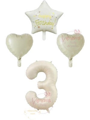 İstoç Parti Istoç Parti Krem Renk Rakam Happy Bırthday Yazılı Yıldız ve Kalpli Folyo Balon Seti Yaş 3
