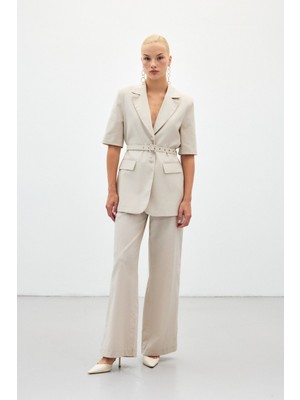 Sateen Bol Paça Keten Pantolon - Taş