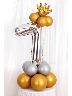İstoç Parti Gümüş Renk 7 Yaş Krom Gold-Gümüş Renkler Altın Taçlı Balon Seti