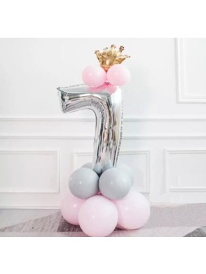İstoç Parti 7 Yaş Gümüş Rakam ve Kral Tacı Folyo Balon Doğum Günü