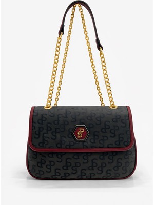 Louisiana Polo Silver Polo Çapraz Askılı Kadın Çanta Monogram Desenli Siyah-Bordo 1084