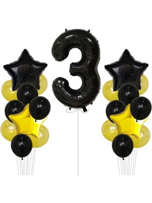 İstoç Parti Sarı Gold Folyo Balon Rakam Set Dogum Günü Süsü 3 Yaş