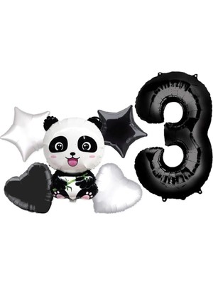 İstoç Parti Panda Temalı Yıldız Kalp Folyo Balon Duğum Günü Parti Seti Yaş 3