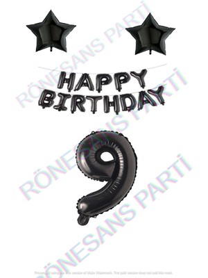 İstoç Parti Happy Bırthday Siyah Renk Folyo Balon Yıldız Folyo ve Rakam Seti Yaş 9