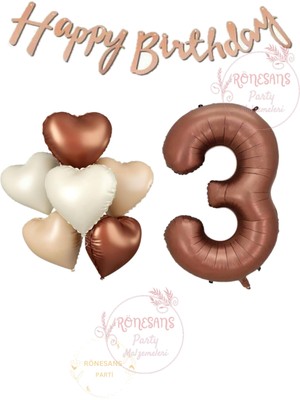 İstoç Parti Istoç Parti Happy Bıthday Yazılı Kahverengi Renk Rakam ve Kalpli Folyo Balon Seti Yaş 3