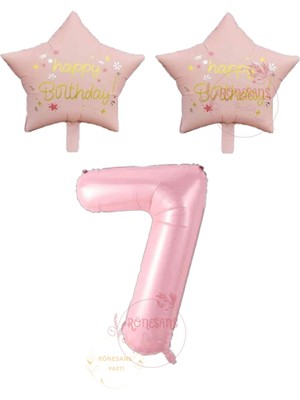 İstoç Parti Istoç Parti Pembe Renk Rakam ve Happy Bırthday Yazılı Yıldız Folyo Balon Seti Yaş 7