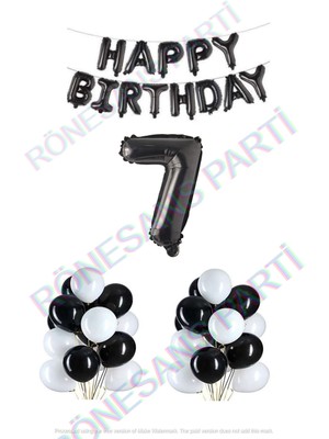 İstoç Parti Happy Bırthday Siyah Renk Folyo Balon Latex Balon  ve Folyo Rakam Seti Yaş 7
