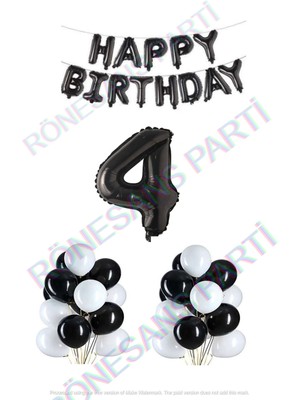 İstoç Parti Happy Bırthday Siyah Renk Folyo Balon Latex Balon  ve Folyo Rakam Seti Yaş 4