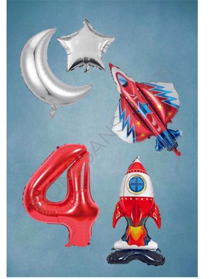 İstoç Parti Uzay Temalı Astronot Uçak Rakam Ay Yıldız Folyo Balon Seti Yaş 4