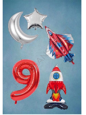 İstoç Parti Uzay Temalı Astronot Uçak Rakam Ay Yıldız Folyo Balon Seti Yaş 9