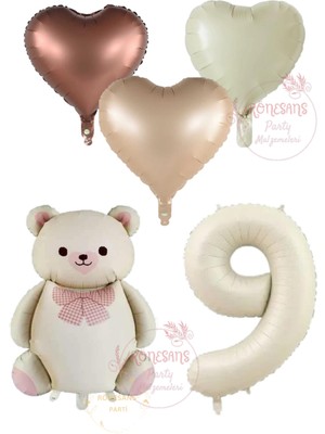 İstoç Parti Istoç Parti Krem Renk Rakam Ayıcıklı ve Kalpli Folyo Balon Seti Yaş 9