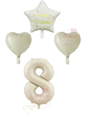 İstoç Parti Istoç Parti Krem Renk Rakam Happy Bırthday Yazılı Yıldız ve Kalpli Folyo Balon Seti Yaş 8