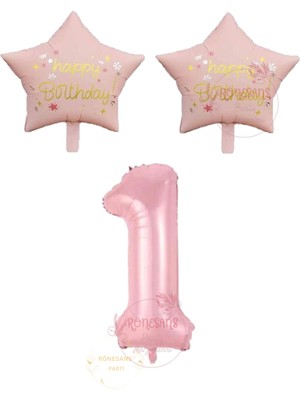 İstoç Parti Istoç Parti Pembe Renk Rakam ve Happy Bırthday Yazılı Yıldız Folyo Balon Seti Yaş 1