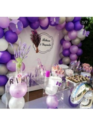 İstoç Parti 100 Adet Mor Lila Gümüş Beyaz 12 Inç Metalik Balon ve Balon Zinciri