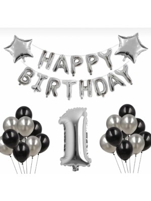 İstoç Parti Gümüş 1 Yaş Happy Bırthday Folyo Balonlu Yıldızlı Set