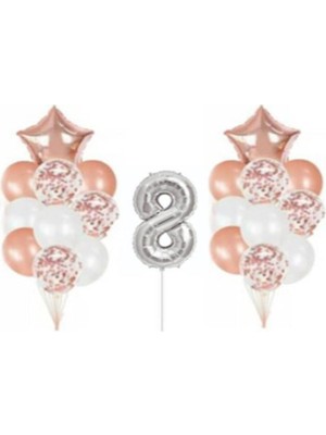 İstoç Parti Gümüş 8 Yaş Rose Gold Konfetili Şeffaf Balon Seti