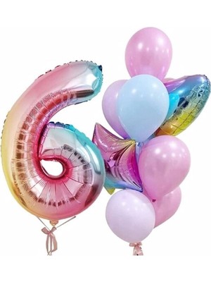İstoç Parti Gökkuşağı Balon Renkli Yaş Balon Rakam Konsept Yaş 6