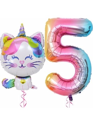 İstoç Parti Unicorn Kedi Balon Gökkuşağı Renkli Sayı Doğum Günü Set Yaş 5