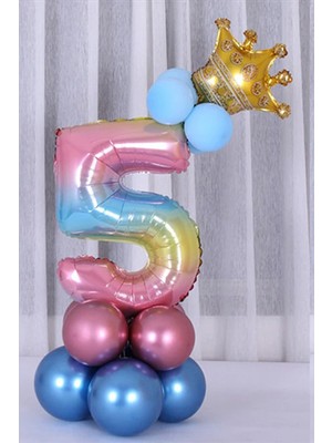 İstoç Parti Gökkuşağı Renkleri Rakam Balon Altın Taçlı 5 Rakamlı Balon Seti