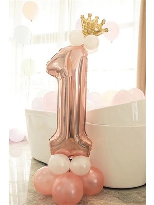 İstoç Parti 1 Yaş Rose Gold Rakam Balon Altın Kral Taçlı Balon Seti