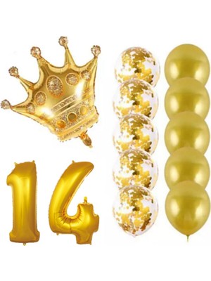 İstoç Parti 14 Yaş Kral Taçlı Gold Konfetili Şeffaf Balon Seti