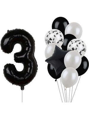 İstoç Parti Siyah Rakam Folyo ve Latex Balon Seti Yaş 3