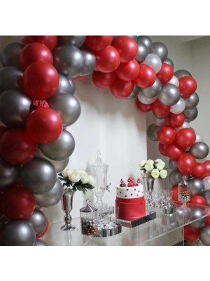 İstoç Parti 50 Adet 12 Inç Metalik Parti Balonu Metalik Kırmızı - Metalik Gümüş + 5 mt Balon Zinciri