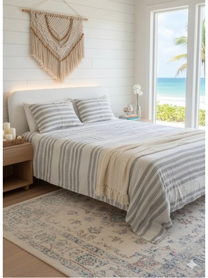 Monochrome 2 Kat Müslin Çarşaf ve Yastık Kılıfı Takımı - % 100 Pamuk Ekru - Antrasit Çizgili- Çantalı