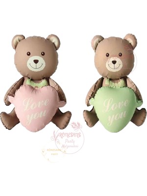 İstoç Parti Istoç Parti 2'li Love You Yazılı Retro Yeşil ve Pembe Kalpli Oturan Ayı Folyo Balon