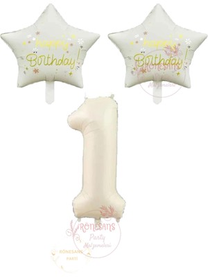 İstoç Parti Istoç Parti Bej Rakam ve Happy Bırthday Yazılı Yıldız Folyo Balon Seti Yaş 1