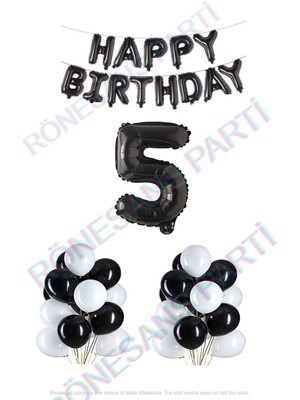 İstoç Parti Happy Bırthday Siyah Renk Folyo Balon Latex Balon  ve Folyo Rakam Seti Yaş 5